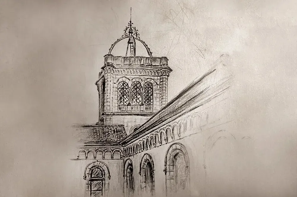 A pencil study of a cathedral lantern tower and its arcade