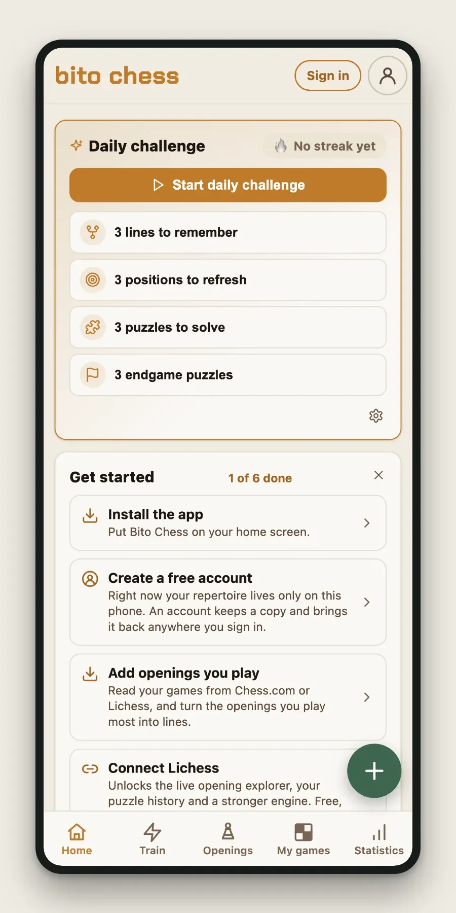 The home screen: a daily-challenge card listing lines, positions and puzzles to do, above a getting-started checklist