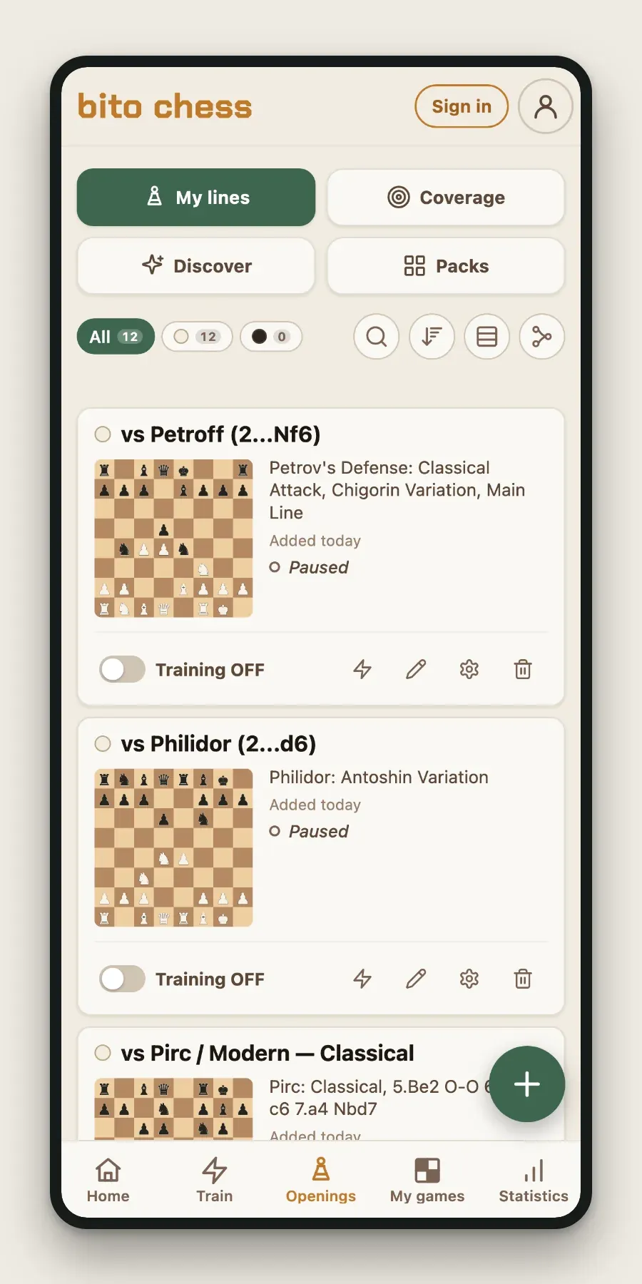 The repertoire list, each saved line shown with its board position and a training toggle