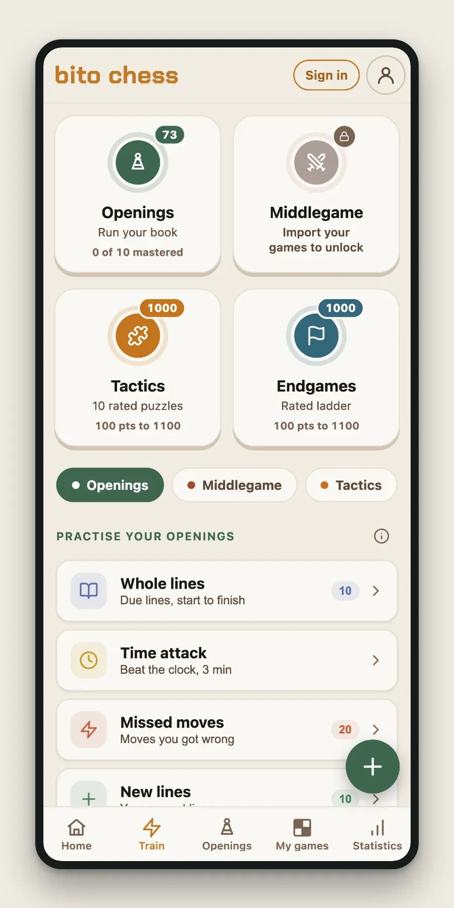 The training screen, with openings, middlegame, tactics and endgames as four cards