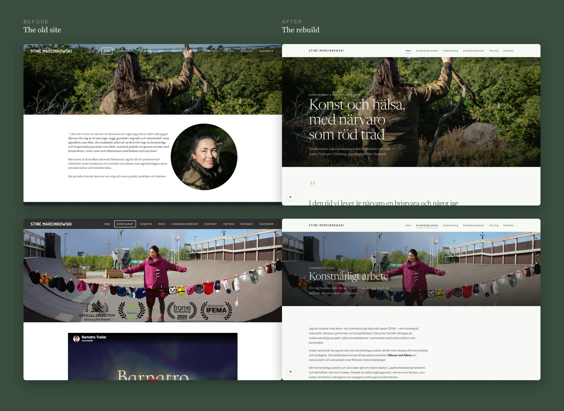 The old site and the new one side by side, the home page above and the artistic work page below