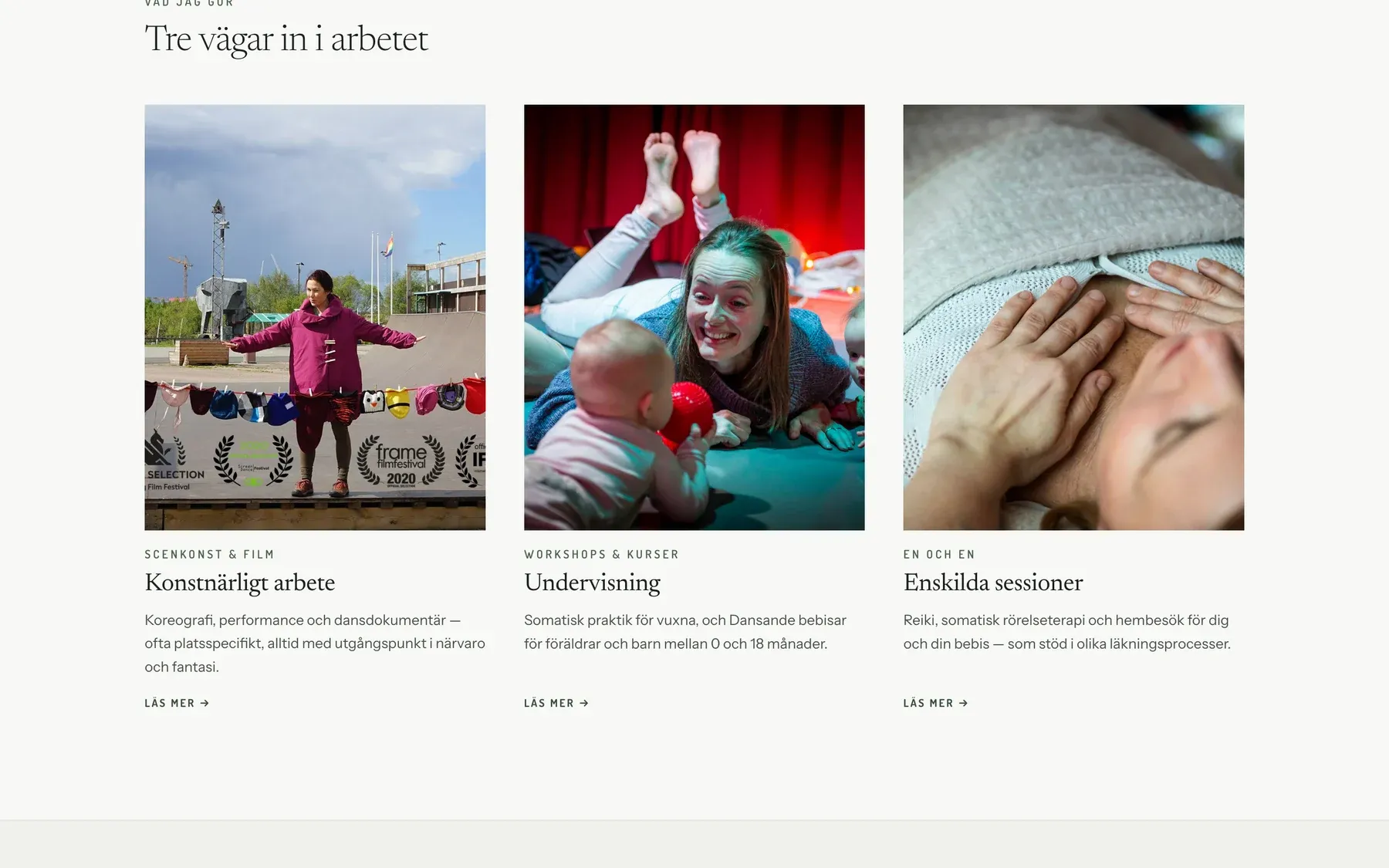 The home page section headed "Tre vägar in i arbetet", with three photographic cards