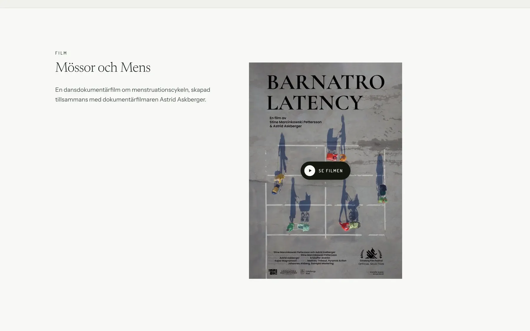 The artistic work page, showing the dance documentary behind its poster